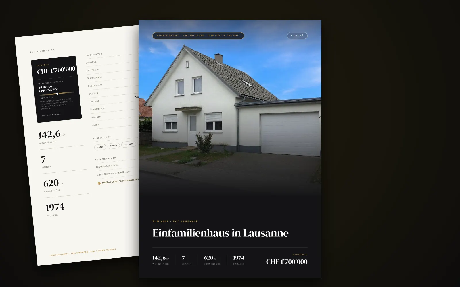 Exposé des Beispielobjekts in Lausanne: Titelseite mit Foto, Titel und Kaufpreis, dahinter zwei weitere Seiten